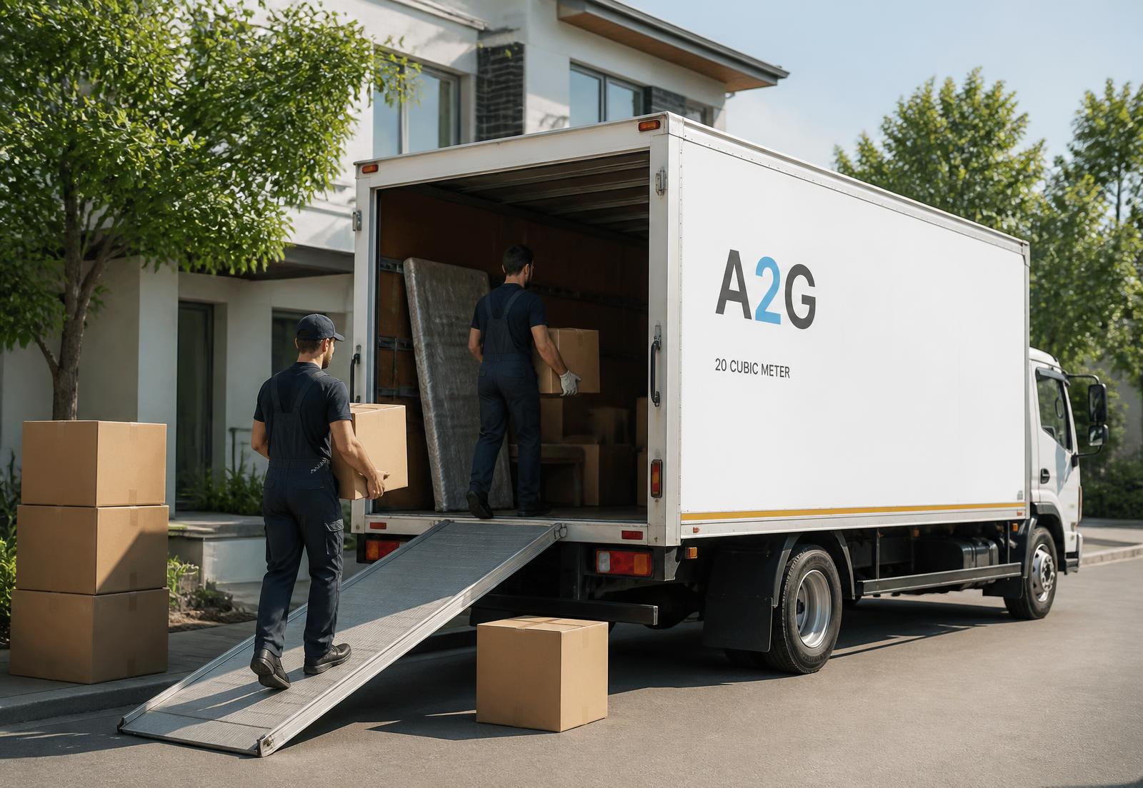Camion de déménagement 20 m³ floqué A2G Transports en cours de chargement par deux déménageurs